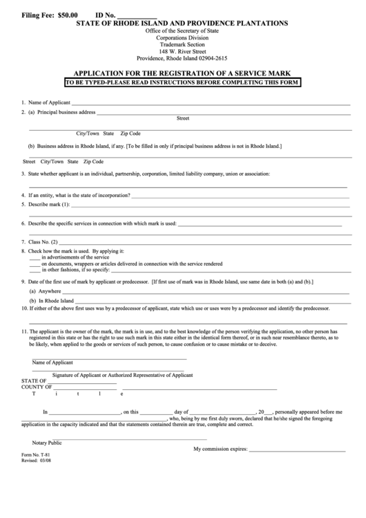 Fillable Form No. T-81 - Application For The Registration Of A Service Mark Form Printable pdf