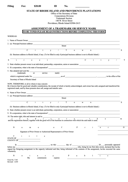 Fillable Form No. T-83 - Assignment Of A Trademark Or Service Mark Printable pdf