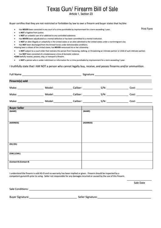 Fillable Texas Gun/firearm Bill Of Sale Form Printable pdf