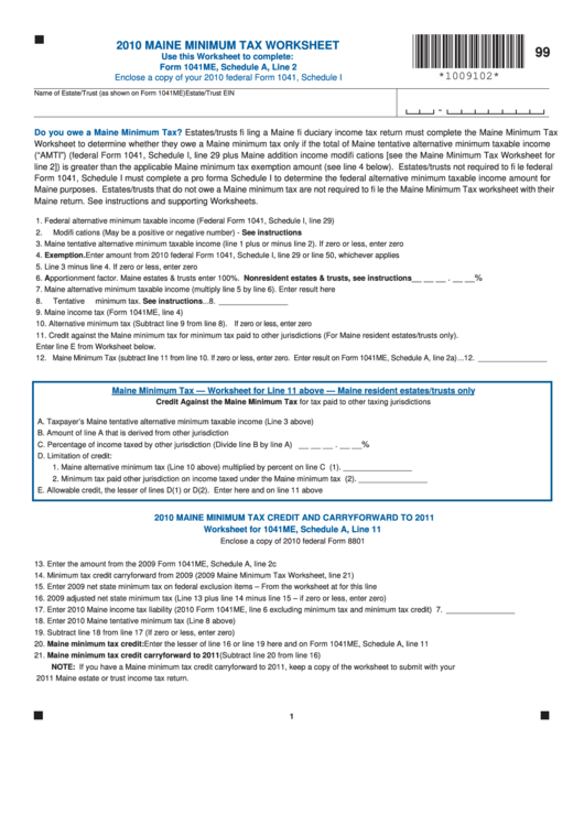 Maine Minimum Tax Worksheet - 2010 Printable pdf