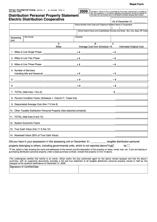 Fillable Form 633 - Distribution Personal Property Statement - 2009 Printable pdf