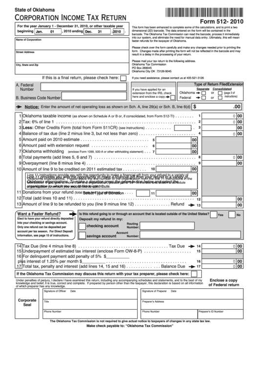 Fillable Form 512 - Oklahoma Corporation Income Tax Return - 2010 Printable pdf