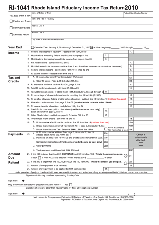 Form Ri-1041 - Rhode Island Fiduciary Income Tax Return - 2010 Printable pdf