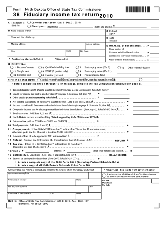Fillable Form 38 - Fiduciary Income Tax Return - 2010 Printable pdf