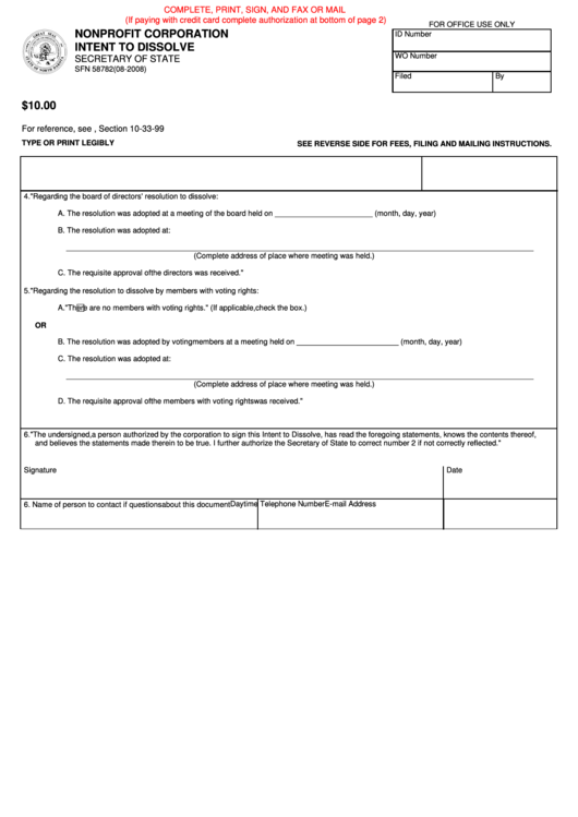 Fillable Sfn 58782 - Nonprofit Corporation Intent To Dissolve Form Printable pdf
