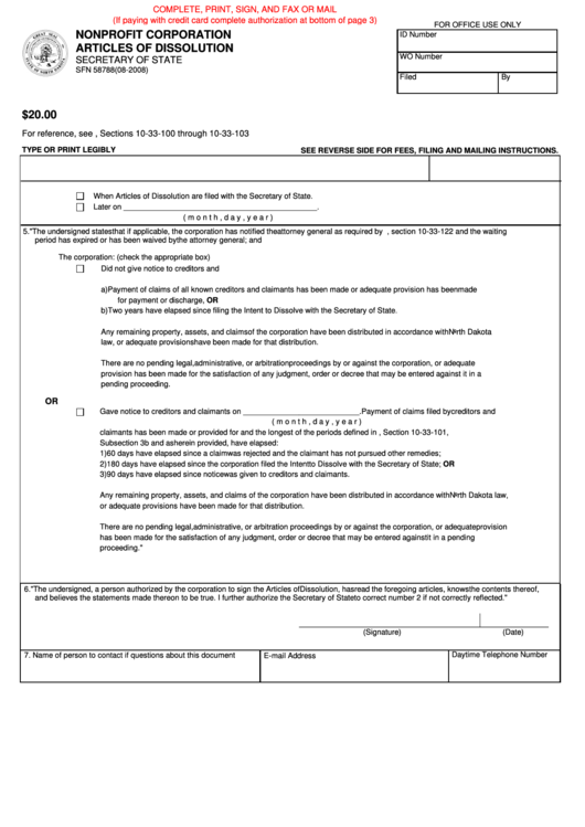 Fillable Sfn 58788 - Nonprofit Corporation Articles Of Dissolution Form Printable pdf