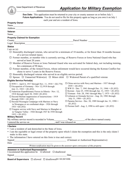 Form 54-146 - Application For Military Exemption - 2008 Printable pdf