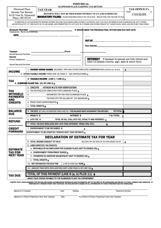 Individual Earning Tax Return - Elmwood Place Income Tax Bureau Printable pdf