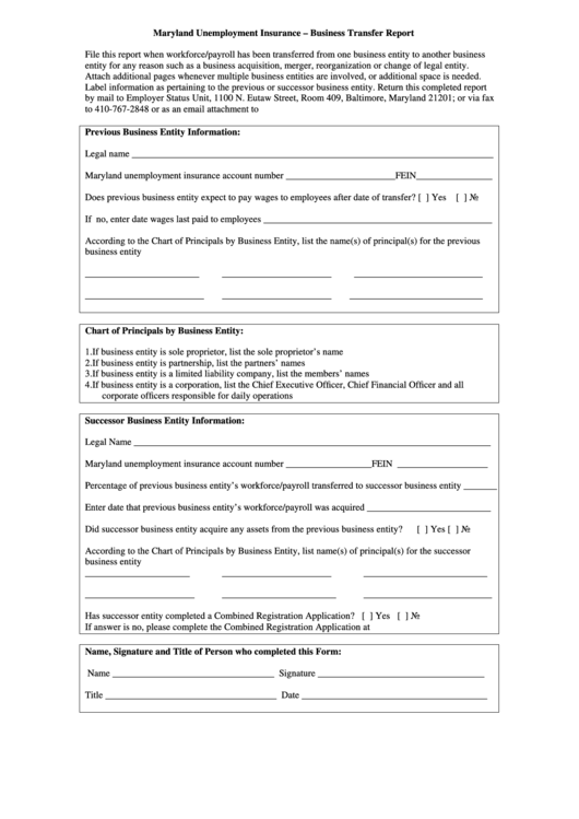 Maryland Unemployment Insurance - Business Transfer Report Form Printable pdf