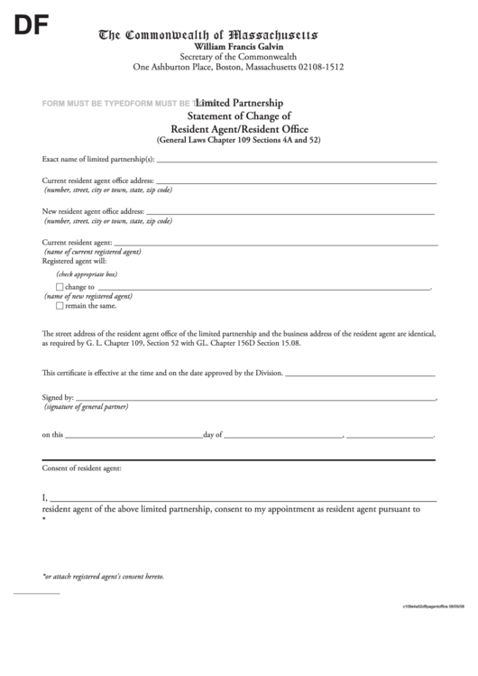 Fillable Limited Partnership Statement Of Change Of Resident Agent/resident Office Form Printable pdf