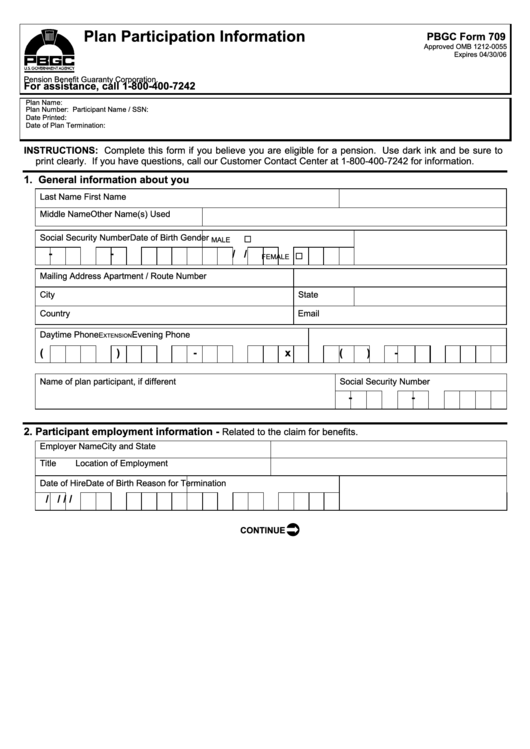 Pbgc Form 709 - Plan Participation Information Printable pdf