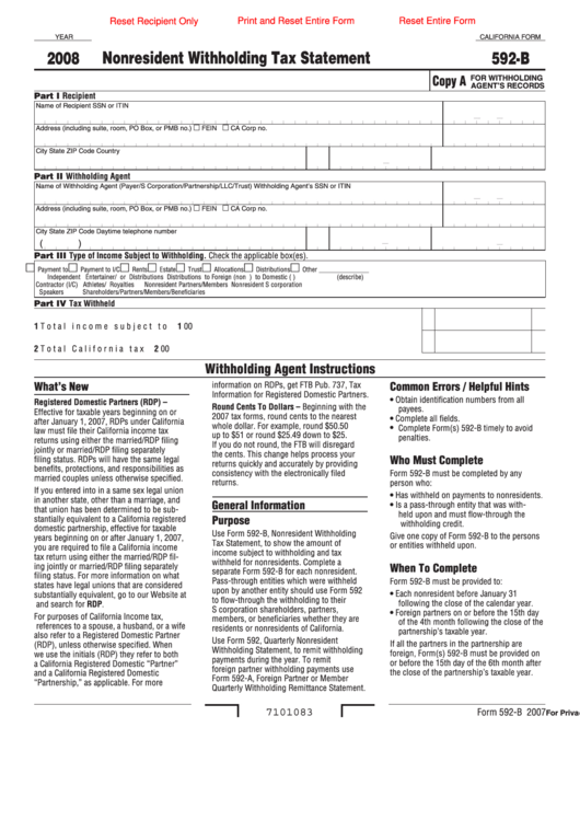 Fillable California Form 592-B - Nonresident Withholding Tax Statement - 2008 Printable pdf