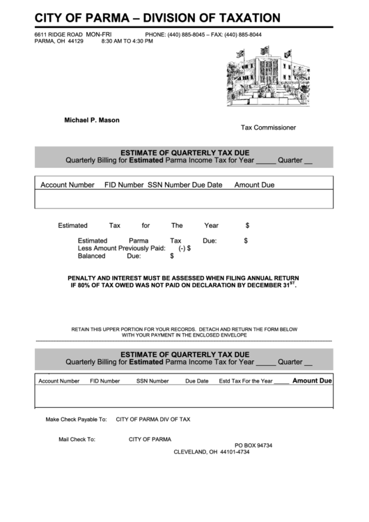 Estimate Of Quarterly Tax Due Form - City Of Parma, Ohio - Division Of Taxation Printable pdf