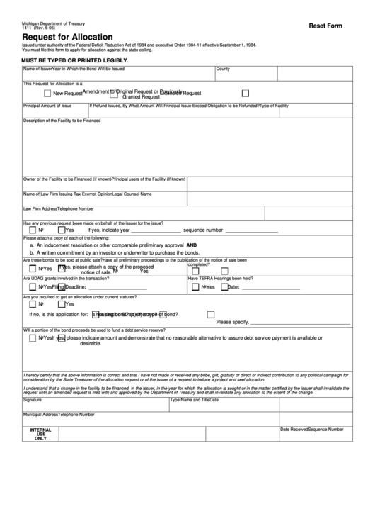 Fillable Form 1411 6/06 - Request For Allocation Template - Michigan Department Of Treasury Printable pdf