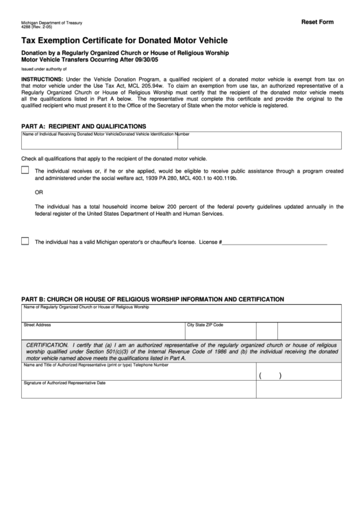 Fillable Form 4288 - Tax Exemption Certificate For Donated Motor Vehicle Printable pdf