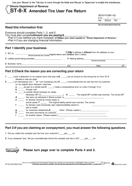 Fillable Form St-8-X - Amended Tire User Fee Return - 2003 Printable pdf