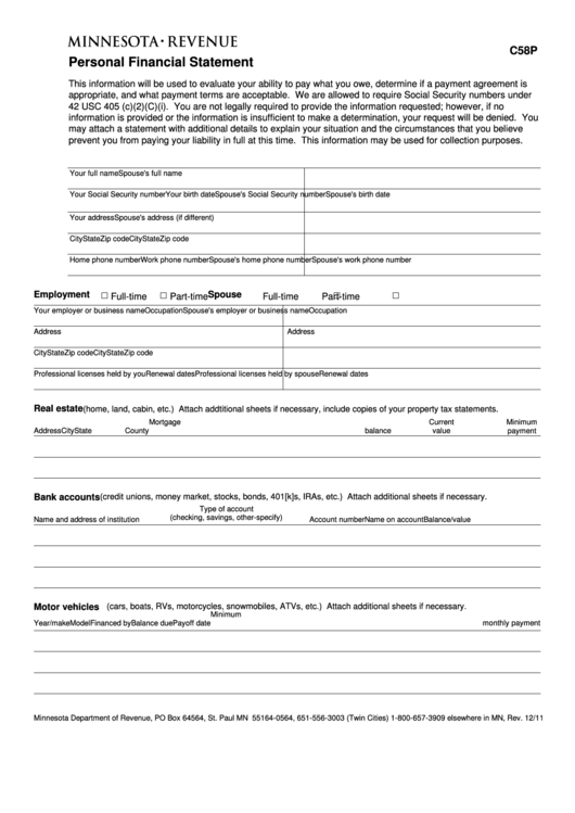 Personal Financial Statement Form - Minnesota Department Of Revenue