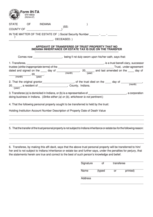 Form Ih-Ta - Affidavit Of Transferee Of Trust Property That No Indiana Inheritance Or Estate Tax Is Due On The Transfer - Indiana Printable pdf