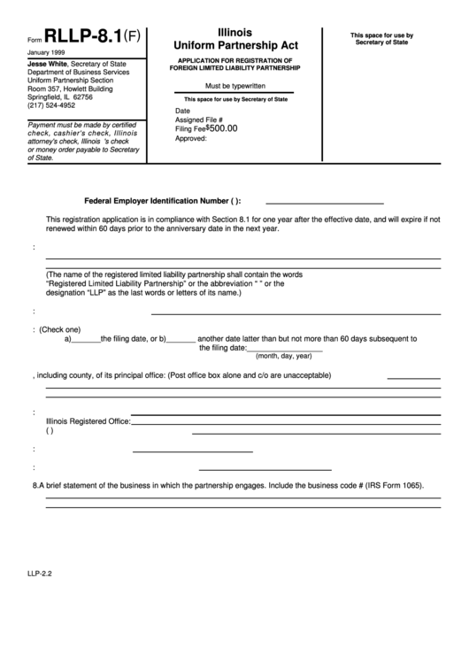 Form Rllp-8.1 (F) - Application For Registration Of Foreign Limited Liability Partnership Printable pdf