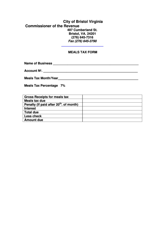 Meals Tax Form - City Of Bristol Printable pdf