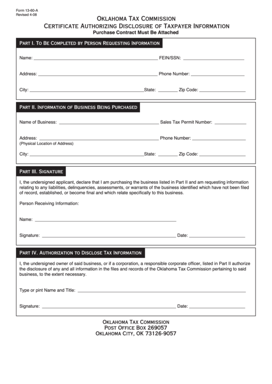 Fillable Form 13-60-A - Certificate Authorizing Disclosure Of Taxpayer Information Printable pdf