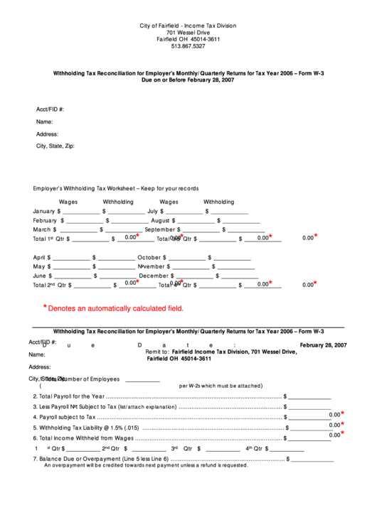 Fillable Form W-3 - Withholding Tax Reconciliation For Employer