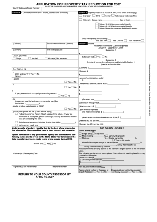 Application For Property Tax Reduction - Idaho County Assessor - 2007 Printable pdf