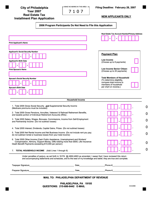 Real Estate Tax Installment Plan Application - City Of Philadelphia - 2007 Printable pdf