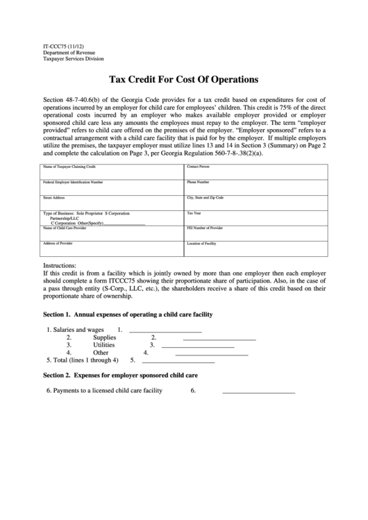 Fillable Form It-Ccc75 - Tax Credit For Cost Of Operations Printable pdf