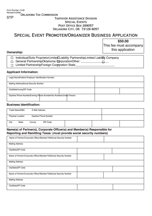 Fillable Form Stp - Special Event Promoter/organizer Business Application Form - Oklahoma Tax Commission Printable pdf