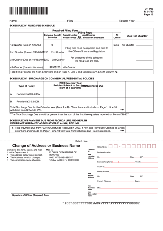 Form Dr-908 - Schedule Xv - Filing Fee Schedule (2010) Printable pdf