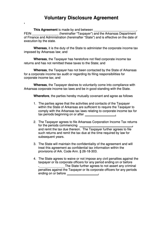 Voluntary Disclosure Agreement Template - Arkansas Department Of Finance Printable pdf