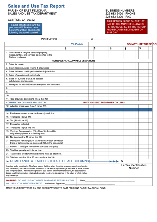Fillable Sales And Use Tax Report Form - Parish Of East Feliciana Printable pdf