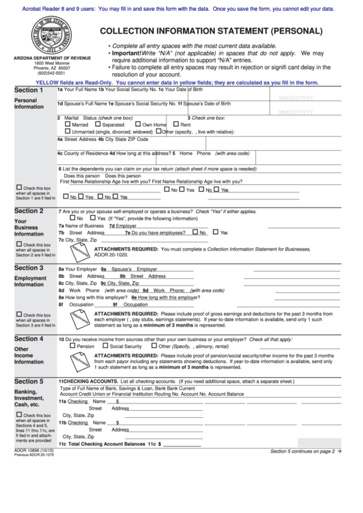 Fillable Form Ador 10896 - Collection Information Statement (Personal) Printable pdf