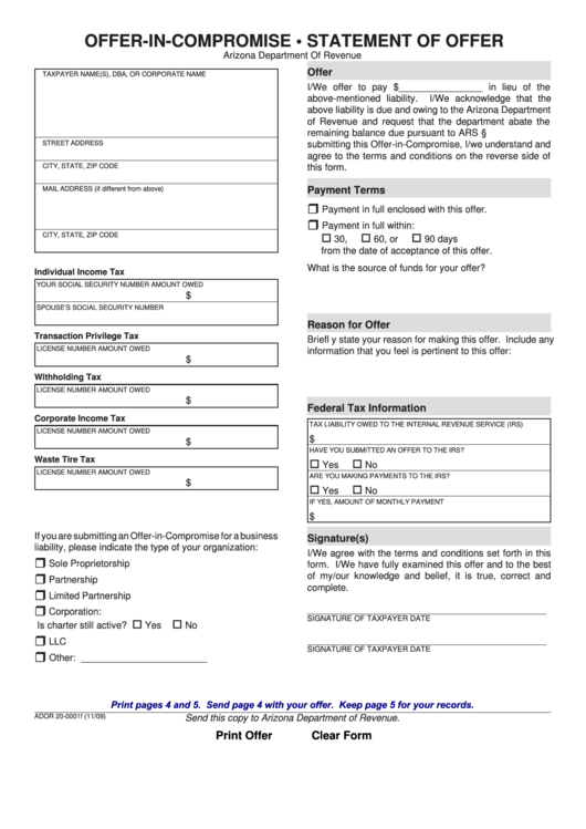 Fillable Form Ador 20-0001f - Offer-In-Compromise & Statement Of Offer 2009 Printable pdf