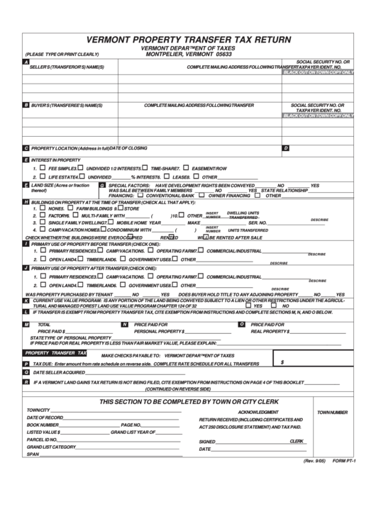 Fillable Form Pt-1 - Vermont Propertty Transfer Tax Return - 2005 Printable pdf
