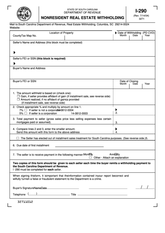 Form I-290 - Nonresident Real Estate Withholding - 2004 Printable pdf