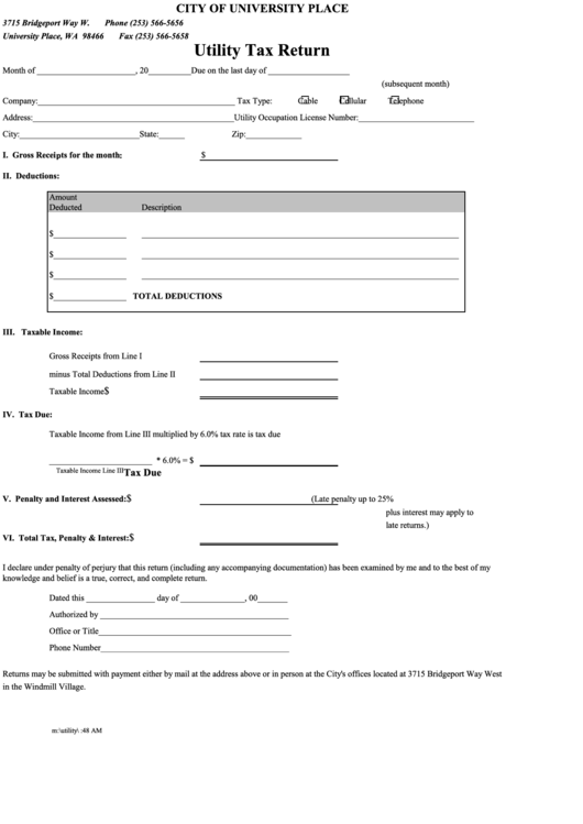 Monthly Utility Tax Return Form Printable pdf