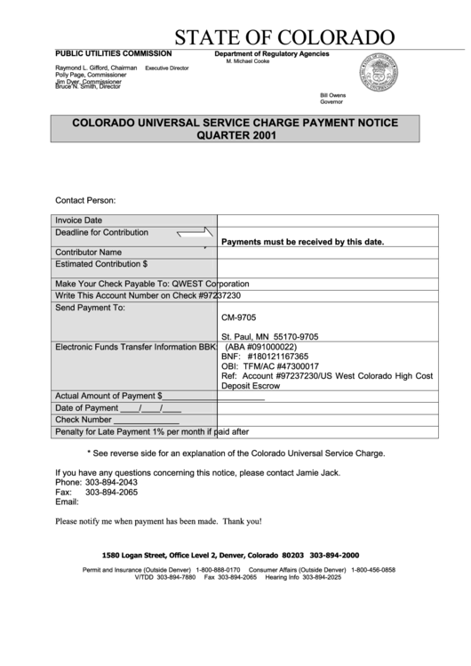 Colorado Universal Service Charge Payment Notice Template - Quarter 2001 - State Of Colorado Department Of Regulatory Agencies Printable pdf