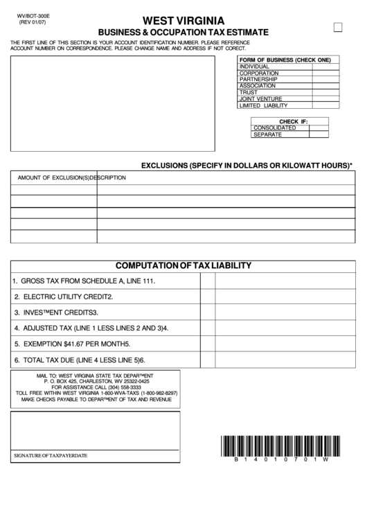 Wv/bot-300e 1/07 - Business & Occupation Tax Estimate Form - West Virginia Printable pdf