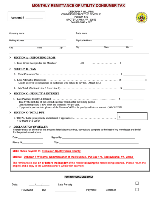 Monthly Remittance Of Utility Consumer Tax Form - County Of Spotsylvania Commissioner Of The Revenue Printable pdf