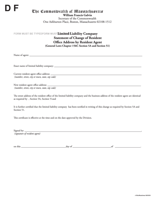 Fillable Limited Liability Company Statement Of Change Of Resident Office Address By Resident Agent Form Printable pdf
