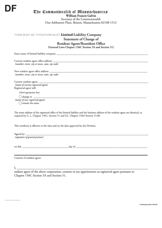 Fillable Limited Liability Company Statement Of Change Of Resident Agent/resodent Office Form Printable pdf