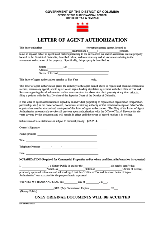 Letter Of Agent Authorization Form - Office Of Tax & Revenue
