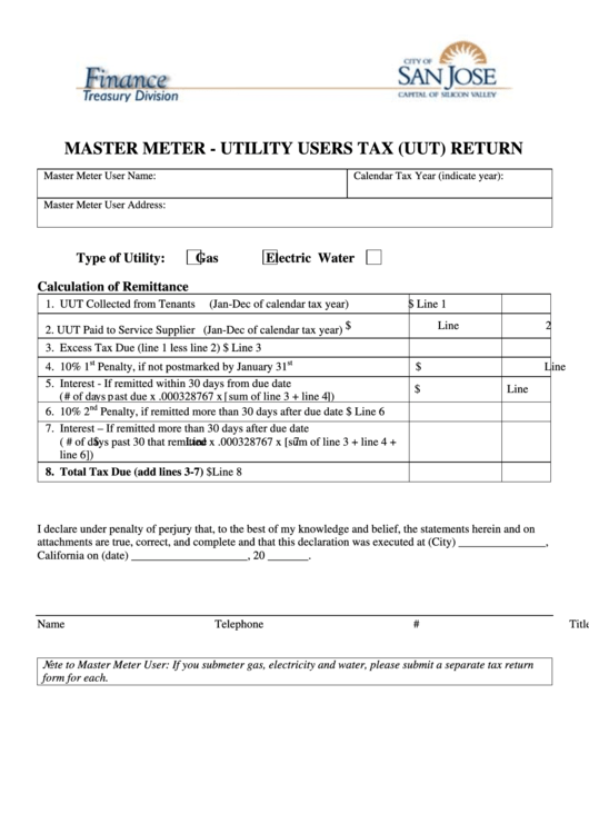 Master Meter - Utility Users Tax (Uut) Return Form - City Of San Jose - Finance Treasury Division Printable pdf