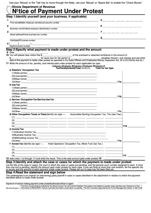 Fillable Form Rr-374 - Notice Of Payment Under Protest Printable pdf
