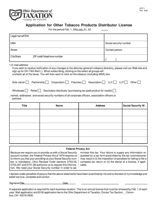 Otp 1 - Application For Other Tobacco Products Distributor License Form - Ohio Department Of Taxation Printable pdf