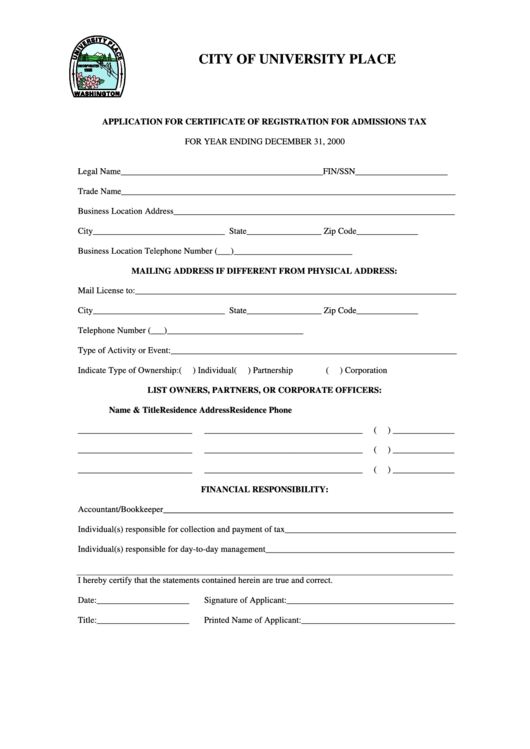 Application For Certificate Of Registration For Admissions Tax - City Of University Place Printable pdf