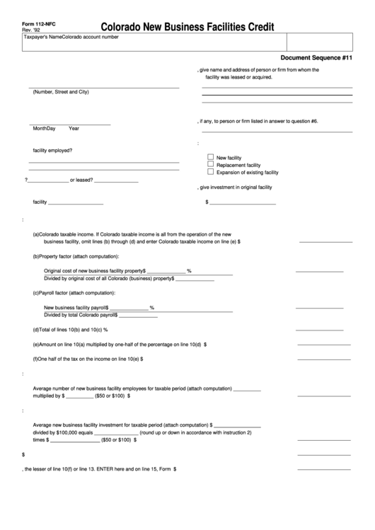 Form 112-Nfc - Colorado New Business Facilities Credit Form - 1992 Printable pdf