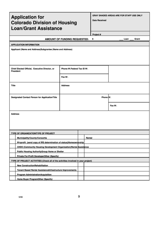 Application For Colorado Division Of Housing Loan/grant Assistance Form Printable pdf